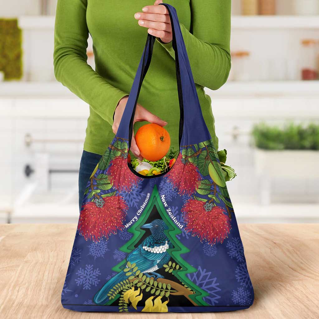 New Zealand Christmas In July Grocery Bag Kowhai Tui Bird With Pohutukawa - Blue LT14 - Polynesian Pride