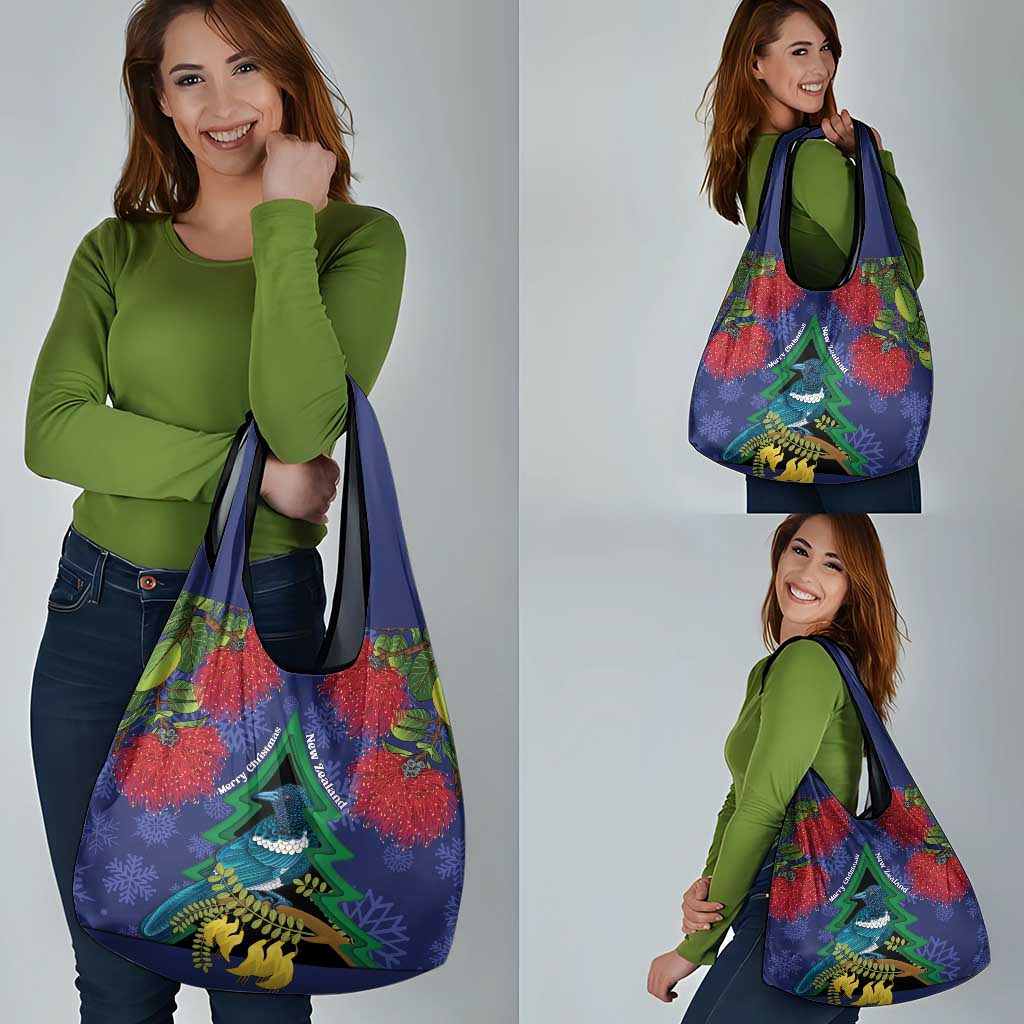 New Zealand Christmas In July Grocery Bag Kowhai Tui Bird With Pohutukawa - Blue LT14 - Polynesian Pride