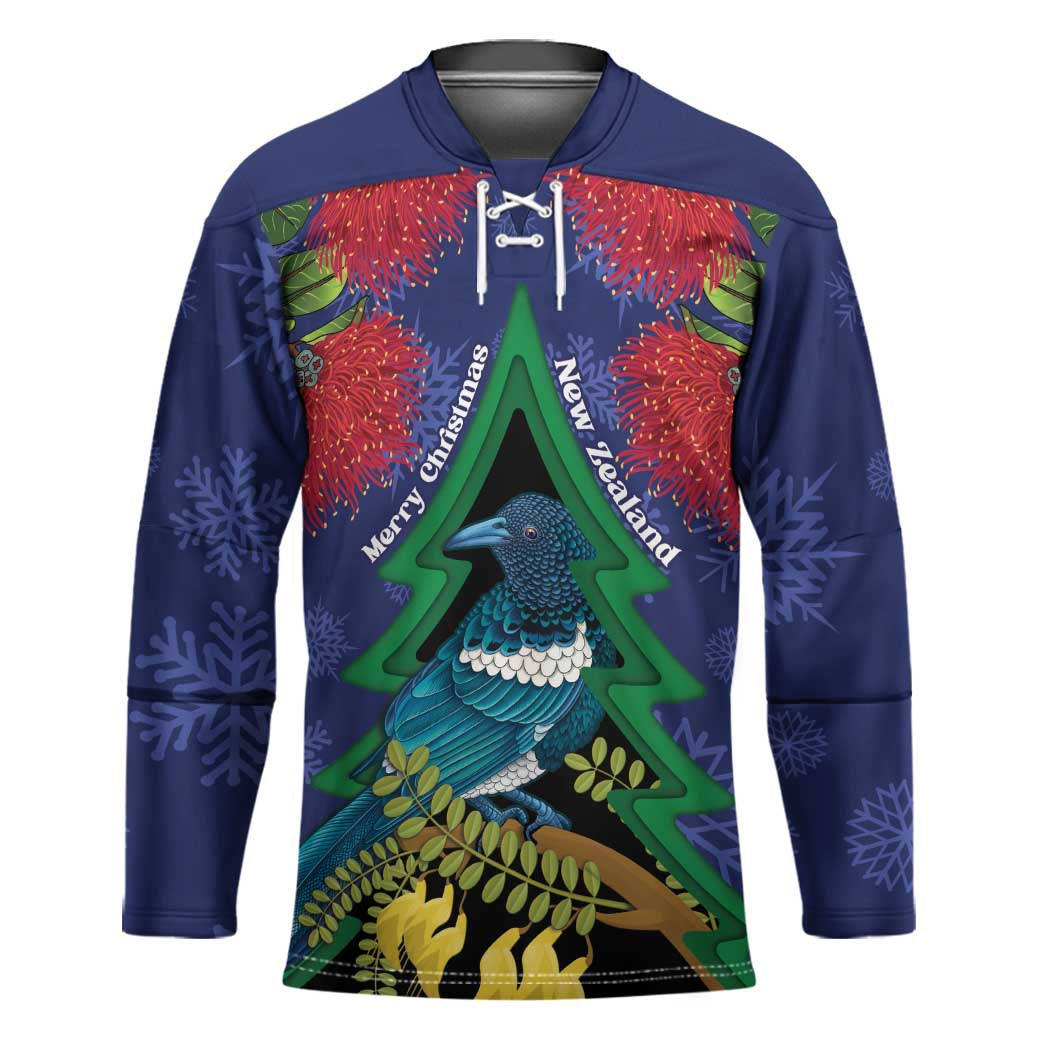 New Zealand Christmas In July Hockey Jersey Kowhai Tui Bird With Pohutukawa - Blue LT14 Unisex Blue - Polynesian Pride