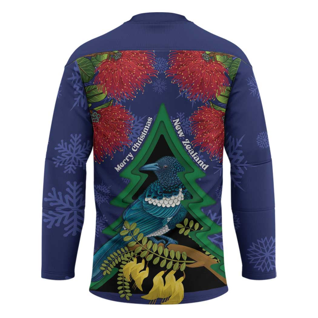 New Zealand Christmas In July Hockey Jersey Kowhai Tui Bird With Pohutukawa - Blue LT14 - Polynesian Pride
