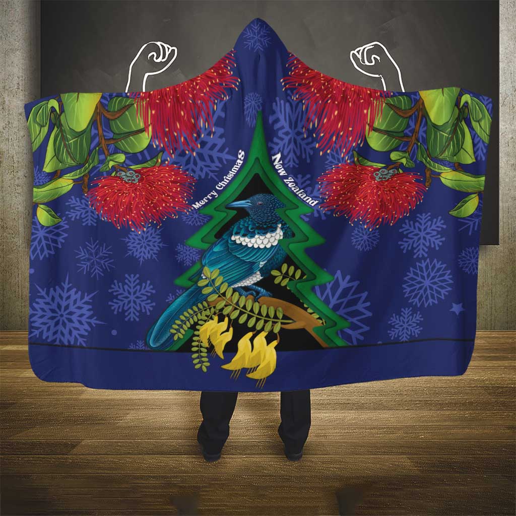 New Zealand Christmas In July Hooded Blanket Kowhai Tui Bird With Pohutukawa - Blue LT14 - Polynesian Pride
