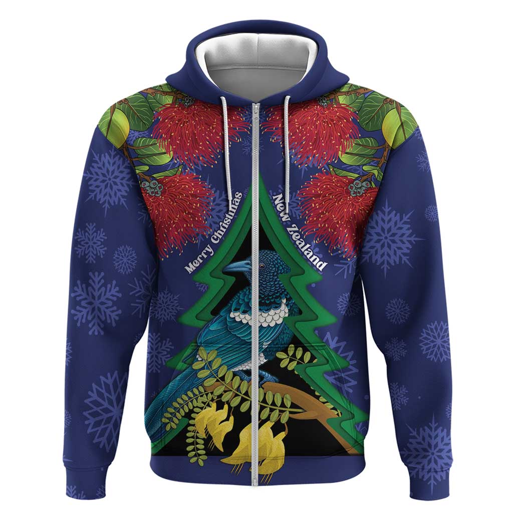 New Zealand Christmas In July Hoodie Kowhai Tui Bird With Pohutukawa - Blue LT14 Zip Hoodie Blue - Polynesian Pride