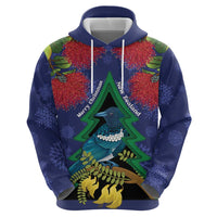 New Zealand Christmas In July Hoodie Kowhai Tui Bird With Pohutukawa - Blue LT14 - Polynesian Pride