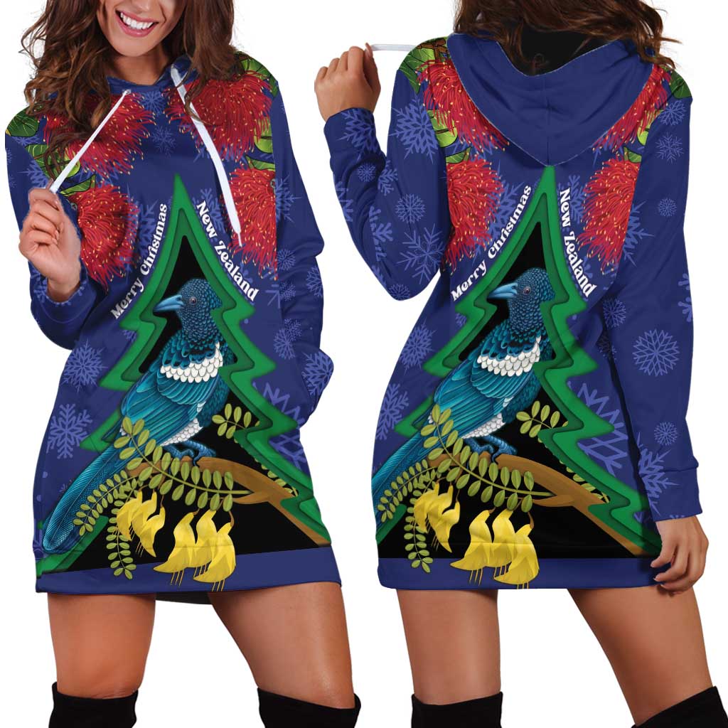 New Zealand Christmas In July Hoodie Dress Kowhai Tui Bird With Pohutukawa - Blue LT14 - Polynesian Pride