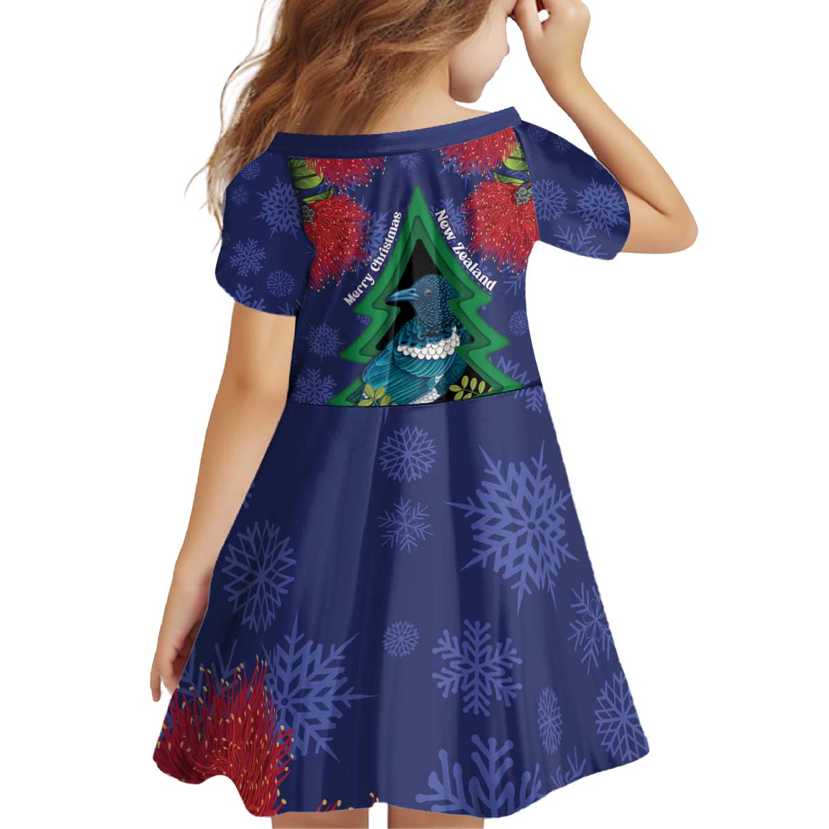 New Zealand Christmas In July Kid Short Sleeve Dress Kowhai Tui Bird With Pohutukawa - Blue LT14 - Polynesian Pride