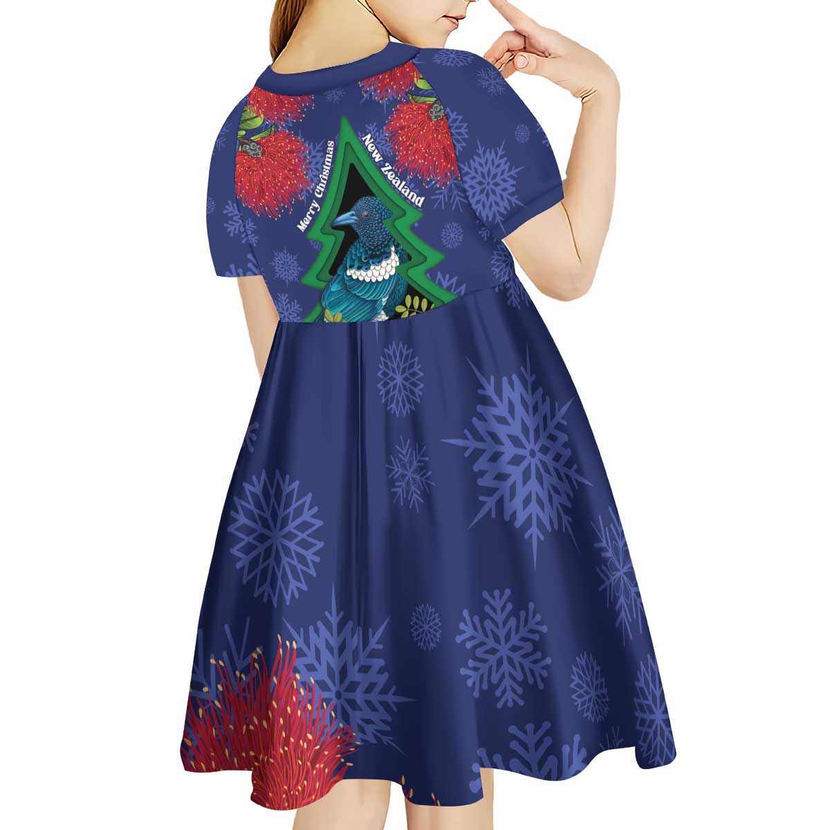 New Zealand Christmas In July Kid Short Sleeve Dress Kowhai Tui Bird With Pohutukawa - Blue LT14 - Polynesian Pride