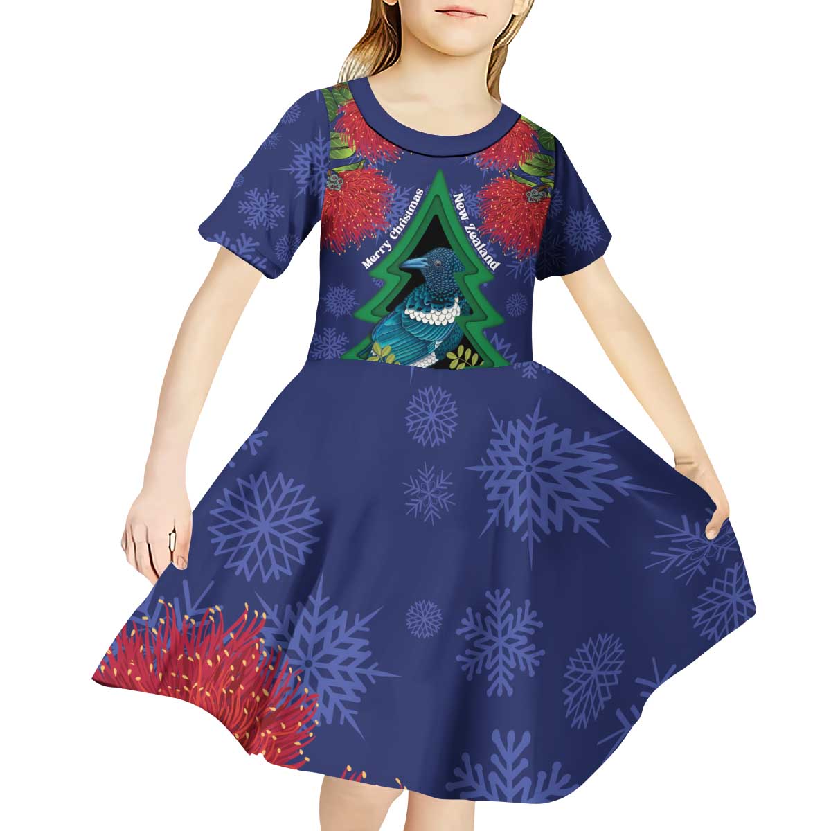 New Zealand Christmas In July Kid Short Sleeve Dress Kowhai Tui Bird With Pohutukawa - Blue LT14 - Polynesian Pride