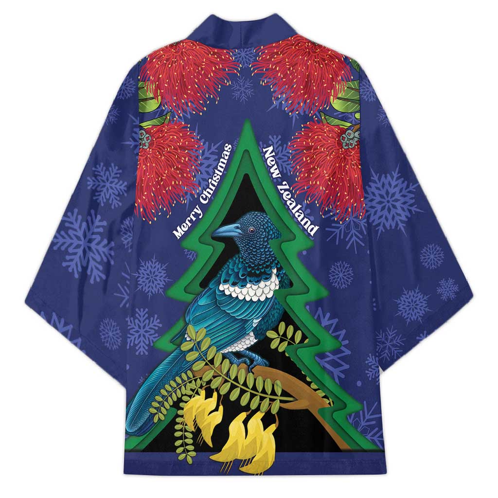 New Zealand Christmas In July Kimono Kowhai Tui Bird With Pohutukawa - Blue LT14 - Polynesian Pride