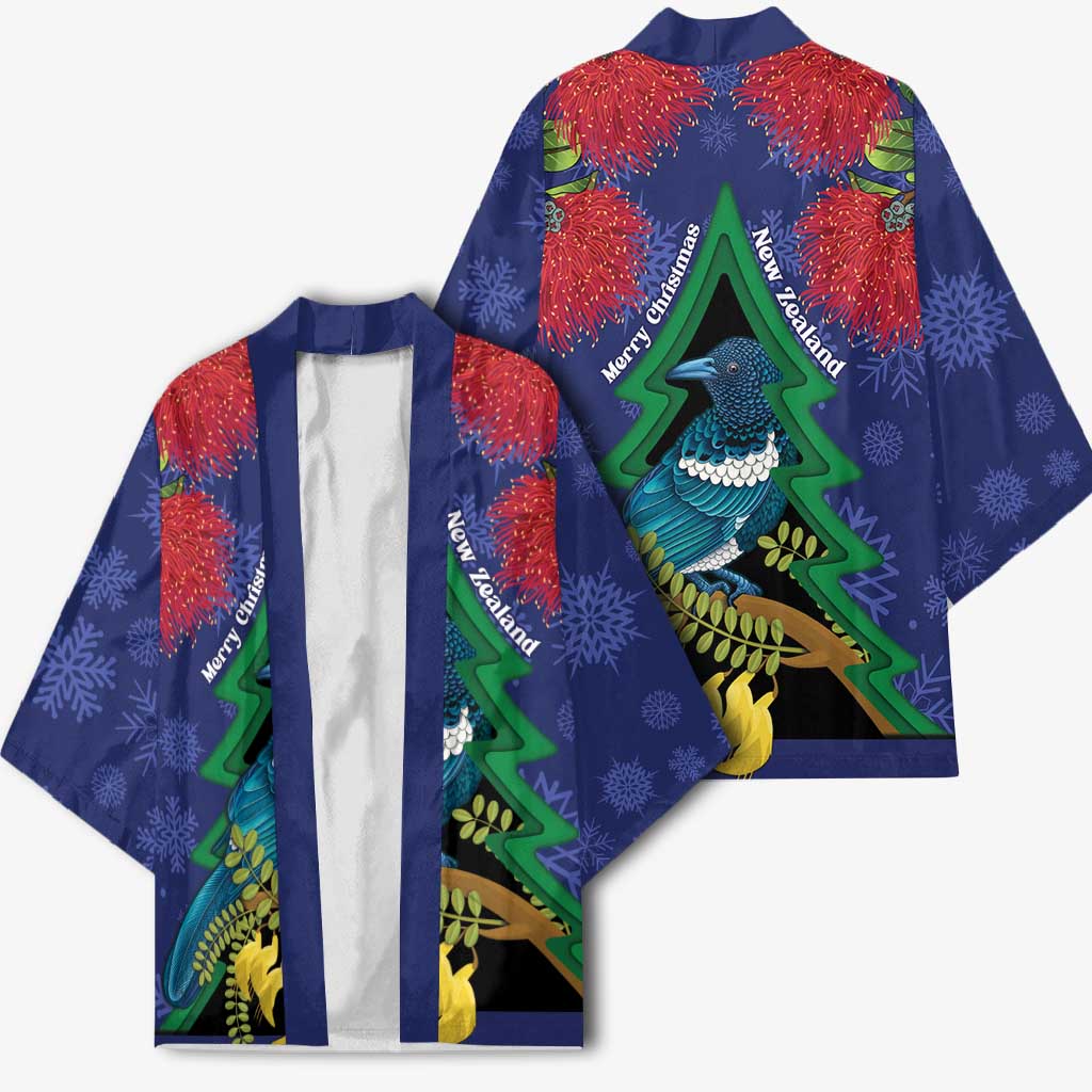 New Zealand Christmas In July Kimono Kowhai Tui Bird With Pohutukawa - Blue LT14 - Polynesian Pride
