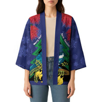 New Zealand Christmas In July Kimono Kowhai Tui Bird With Pohutukawa - Blue LT14 - Polynesian Pride