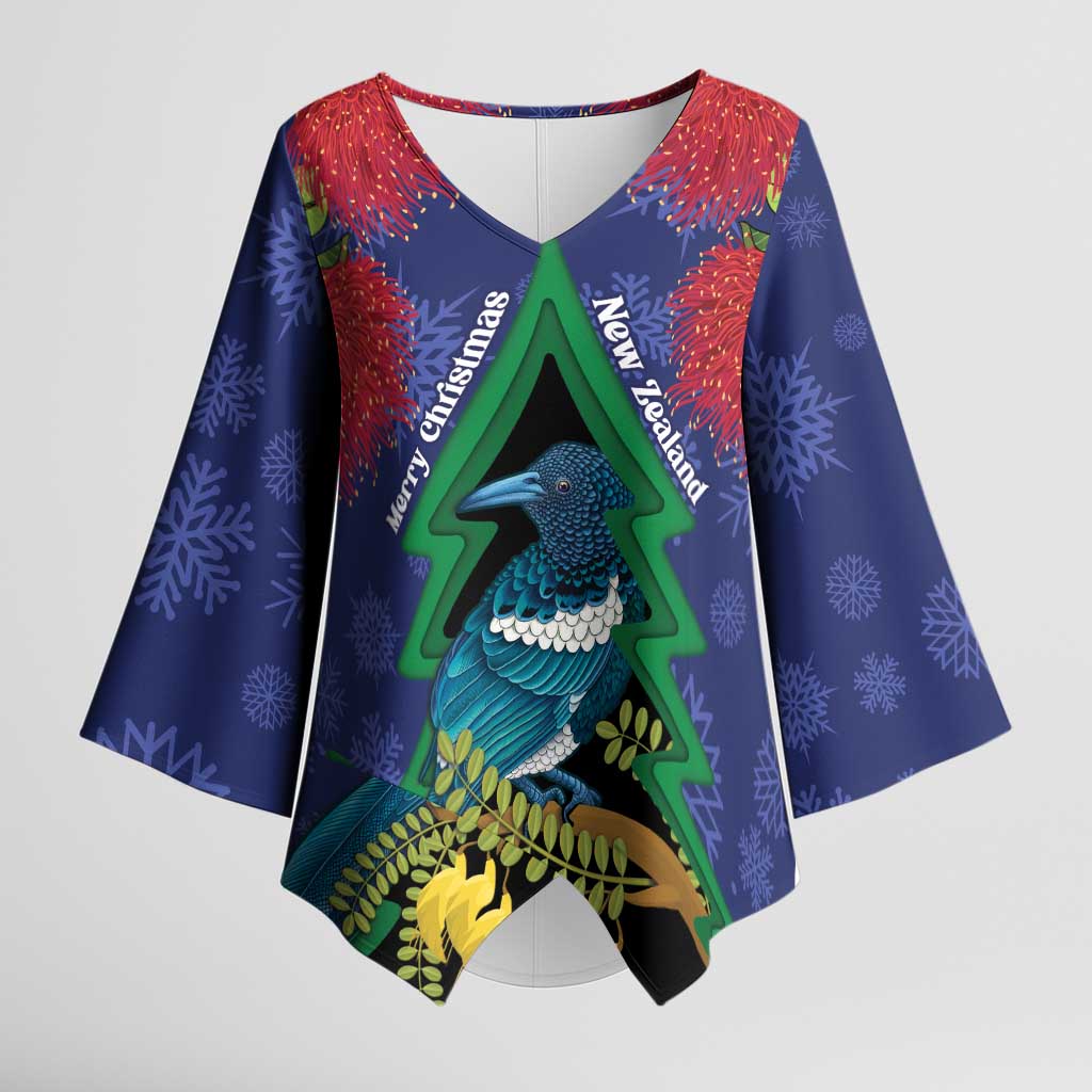 New Zealand Christmas In July Kimono Sleeve Blouse Kowhai Tui Bird With Pohutukawa - Blue LT14 Female Blue - Polynesian Pride