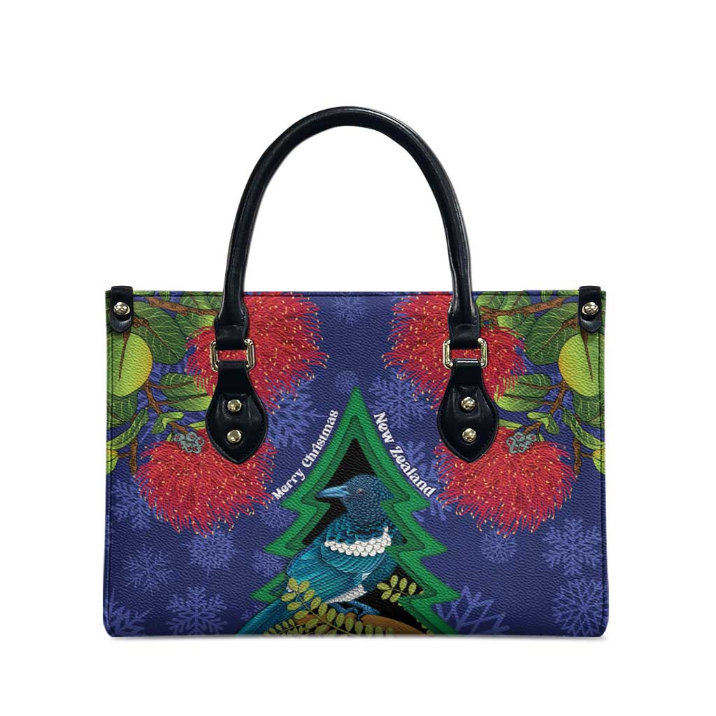 New Zealand Christmas In July Leather Bag Kowhai Tui Bird With Pohutukawa - Blue LT14 - Polynesian Pride