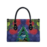 New Zealand Christmas In July Leather Bag Kowhai Tui Bird With Pohutukawa - Blue LT14 - Polynesian Pride