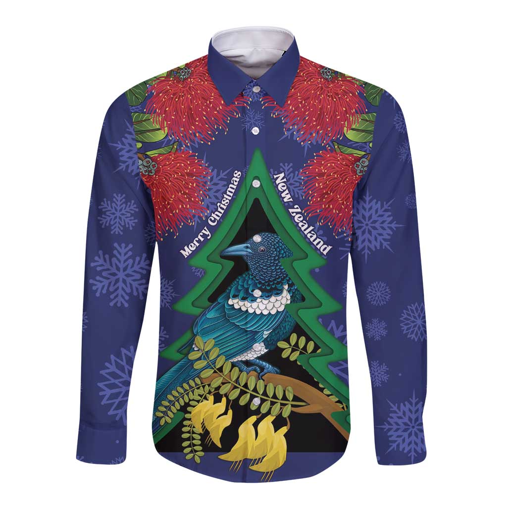 New Zealand Christmas In July Long Sleeve Button Shirt Kowhai Tui Bird With Pohutukawa - Blue LT14 Unisex Blue - Polynesian Pride