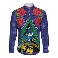 New Zealand Christmas In July Long Sleeve Button Shirt Kowhai Tui Bird With Pohutukawa - Blue LT14 Unisex Blue - Polynesian Pride