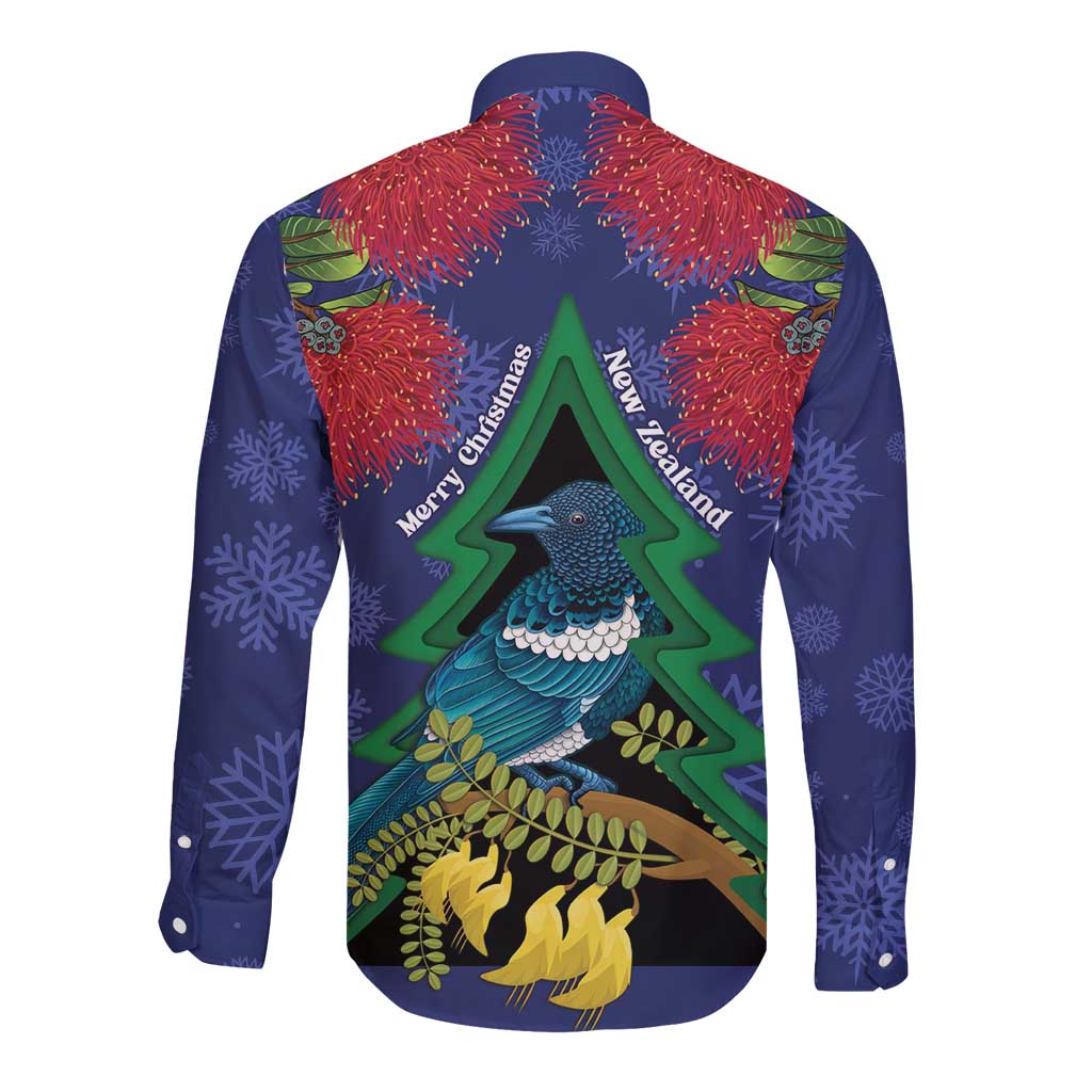 New Zealand Christmas In July Long Sleeve Button Shirt Kowhai Tui Bird With Pohutukawa - Blue LT14 - Polynesian Pride