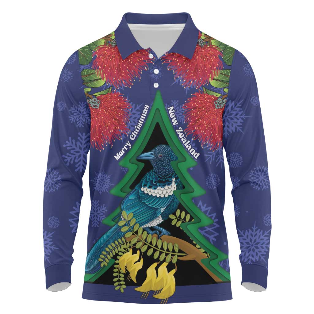 New Zealand Christmas In July Long Sleeve Polo Shirt Kowhai Tui Bird With Pohutukawa - Blue LT14 Blue - Polynesian Pride