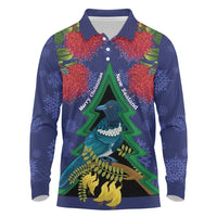 New Zealand Christmas In July Long Sleeve Polo Shirt Kowhai Tui Bird With Pohutukawa - Blue LT14 Blue - Polynesian Pride