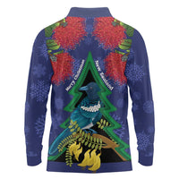 New Zealand Christmas In July Long Sleeve Polo Shirt Kowhai Tui Bird With Pohutukawa - Blue LT14 - Polynesian Pride