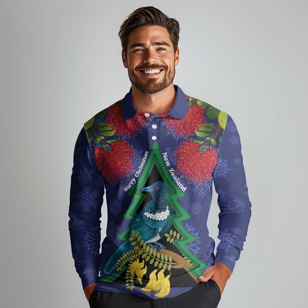 New Zealand Christmas In July Long Sleeve Polo Shirt Kowhai Tui Bird With Pohutukawa - Blue LT14 - Polynesian Pride