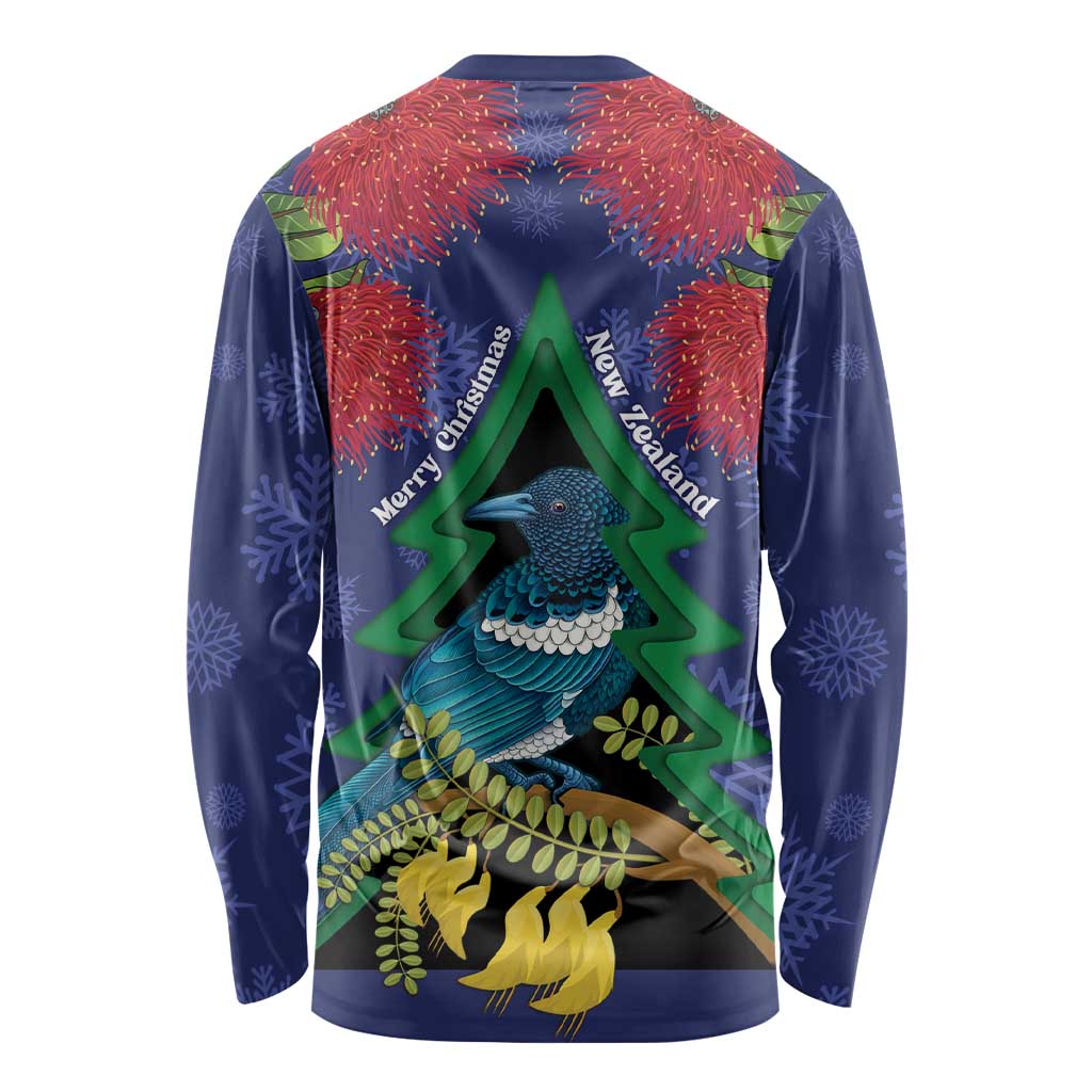 New Zealand Christmas In July Long Sleeve Shirt Kowhai Tui Bird With Pohutukawa - Blue LT14 - Polynesian Pride