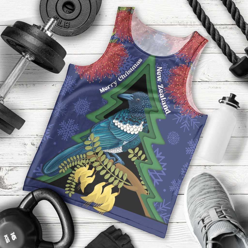 New Zealand Christmas In July Men Tank Top Kowhai Tui Bird With Pohutukawa - Blue LT14 - Polynesian Pride
