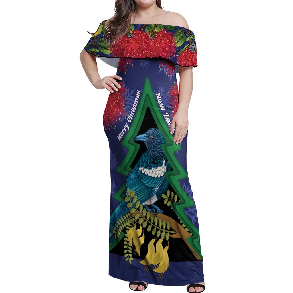 New Zealand Christmas In July Off Shoulder Maxi Dress Kowhai Tui Bird With Pohutukawa - Blue LT14 Women Blue - Polynesian Pride
