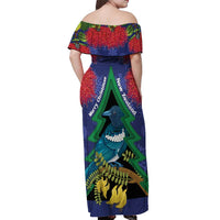 New Zealand Christmas In July Off Shoulder Maxi Dress Kowhai Tui Bird With Pohutukawa - Blue LT14 - Polynesian Pride