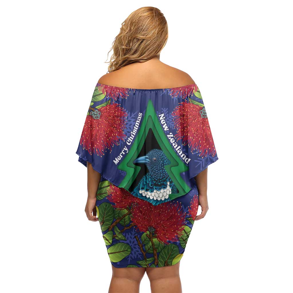 New Zealand Christmas In July Off Shoulder Short Dress Kowhai Tui Bird With Pohutukawa - Blue LT14 - Polynesian Pride