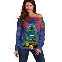 New Zealand Christmas In July Off Shoulder Sweater Kowhai Tui Bird With Pohutukawa - Blue LT14 Women Blue - Polynesian Pride