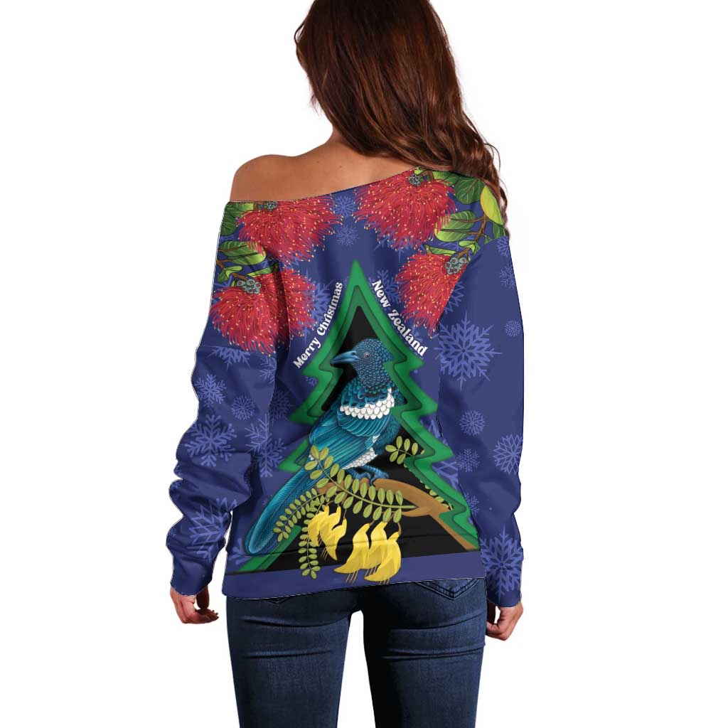 New Zealand Christmas In July Off Shoulder Sweater Kowhai Tui Bird With Pohutukawa - Blue LT14 - Polynesian Pride