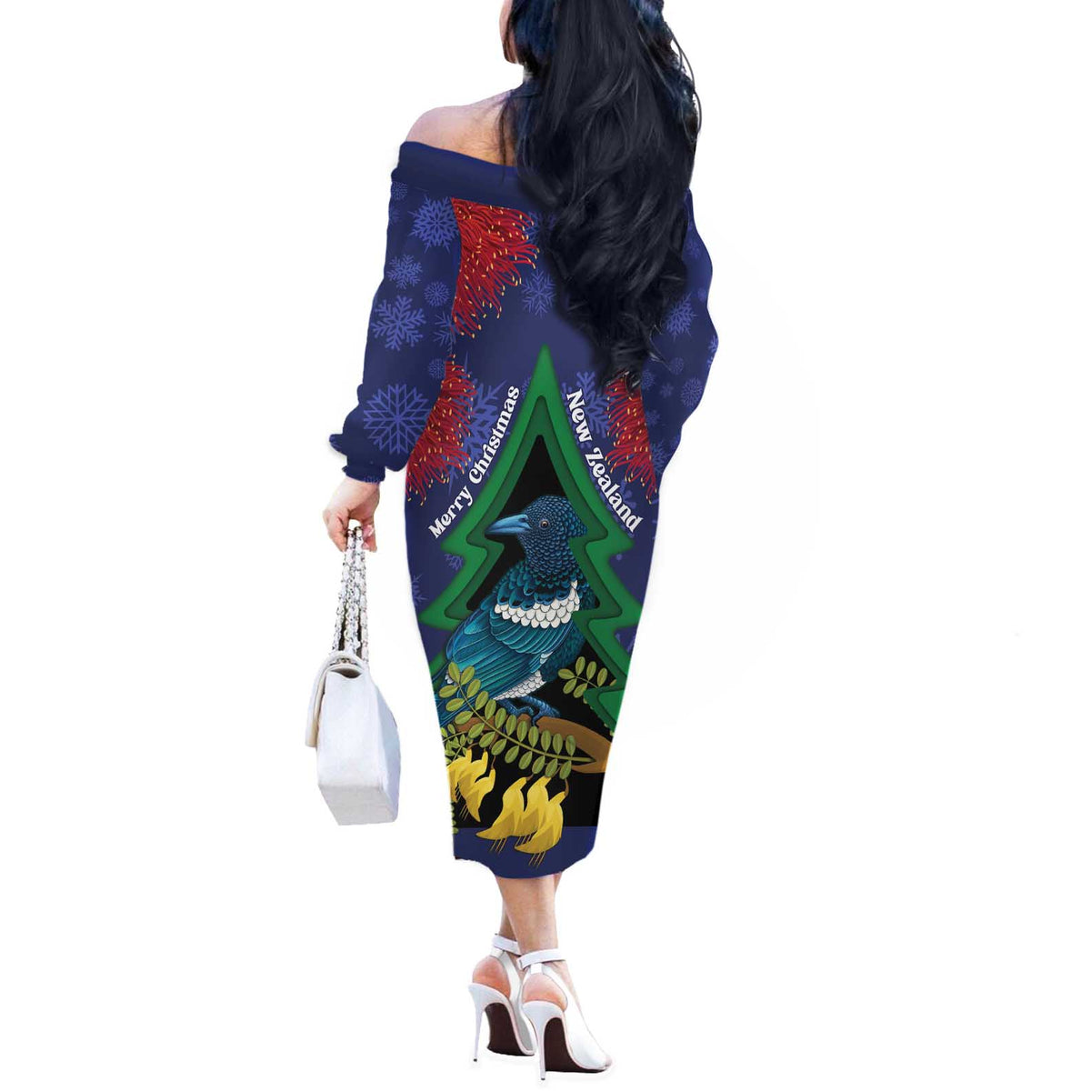 New Zealand Christmas In July Off The Shoulder Long Sleeve Dress Kowhai Tui Bird With Pohutukawa - Blue LT14 - Polynesian Pride