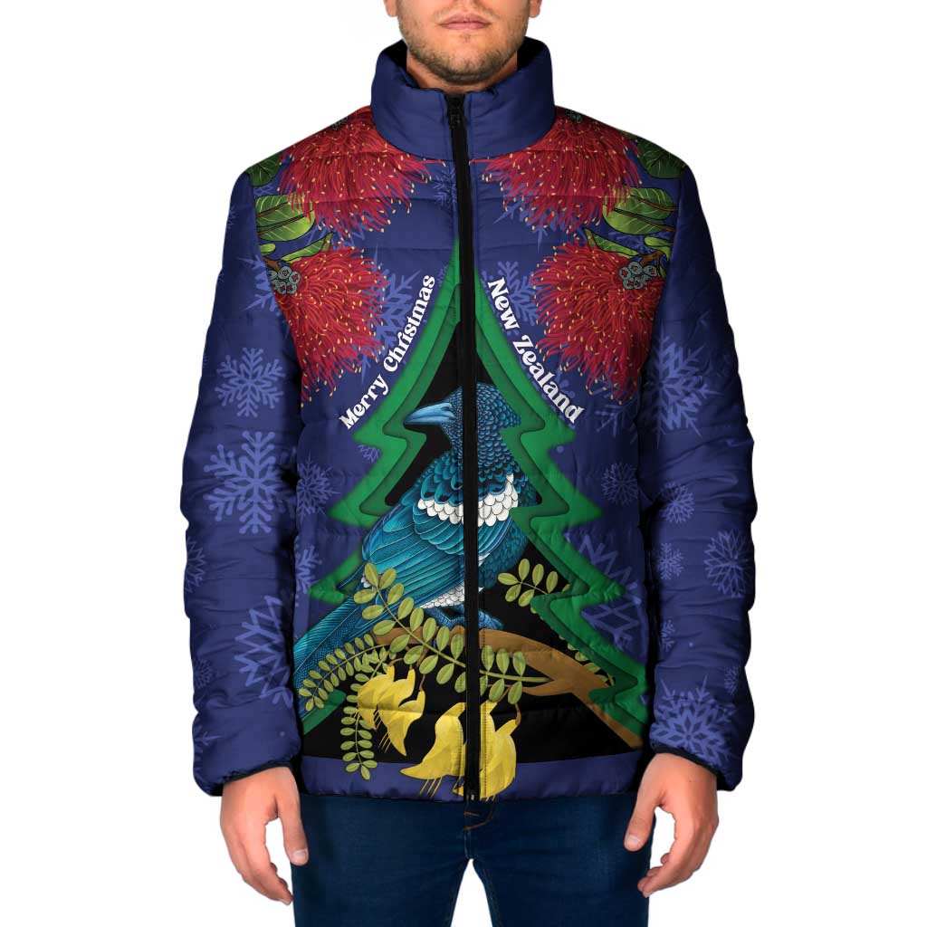 New Zealand Christmas In July Padded Jacket Kowhai Tui Bird With Pohutukawa - Blue LT14 Men Blue - Polynesian Pride