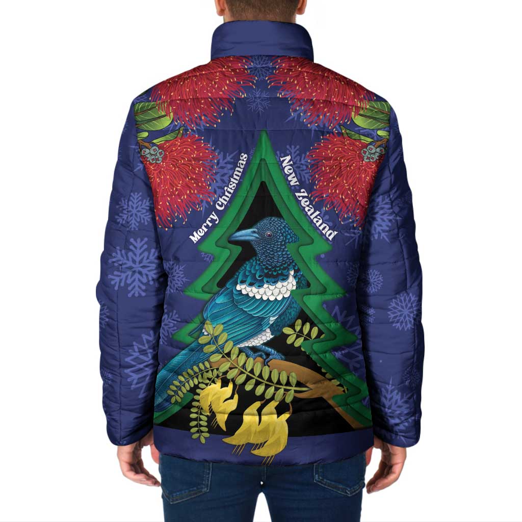 New Zealand Christmas In July Padded Jacket Kowhai Tui Bird With Pohutukawa - Blue LT14 - Polynesian Pride