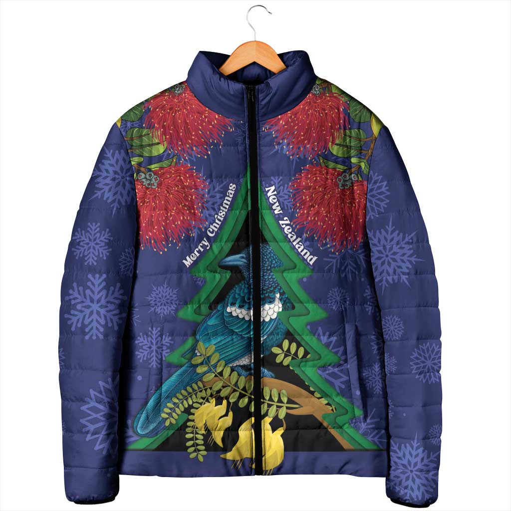 New Zealand Christmas In July Padded Jacket Kowhai Tui Bird With Pohutukawa - Blue LT14 - Polynesian Pride