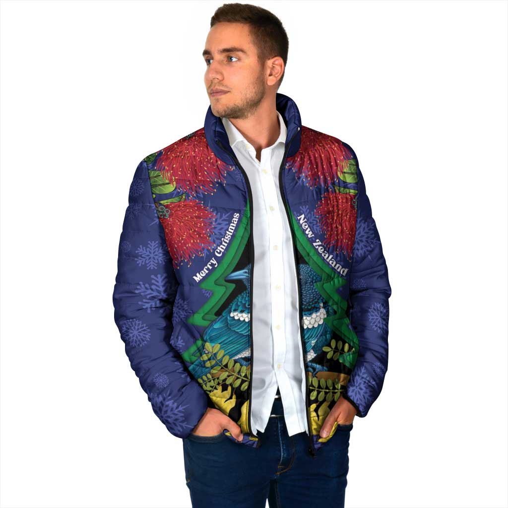 New Zealand Christmas In July Padded Jacket Kowhai Tui Bird With Pohutukawa - Blue LT14 - Polynesian Pride