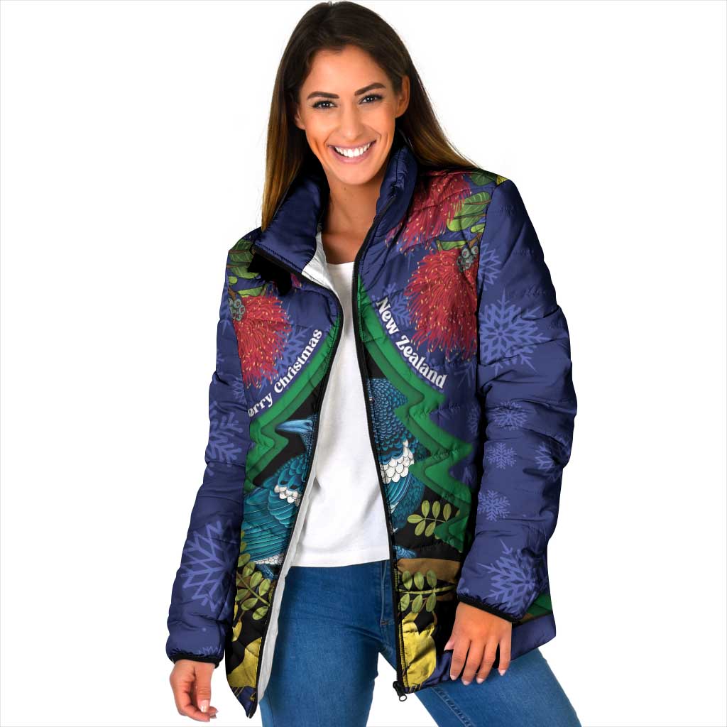 New Zealand Christmas In July Padded Jacket Kowhai Tui Bird With Pohutukawa - Blue LT14 Women Blue - Polynesian Pride