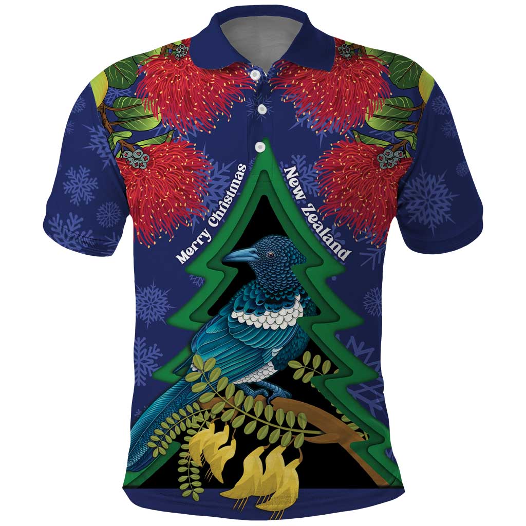 New Zealand Christmas In July Polo Shirt Kowhai Tui Bird With Pohutukawa - Blue LT14 Blue - Polynesian Pride