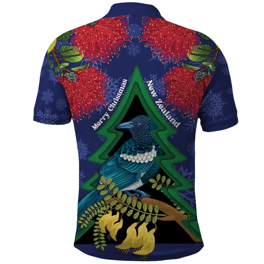 New Zealand Christmas In July Polo Shirt Kowhai Tui Bird With Pohutukawa - Blue LT14 - Polynesian Pride