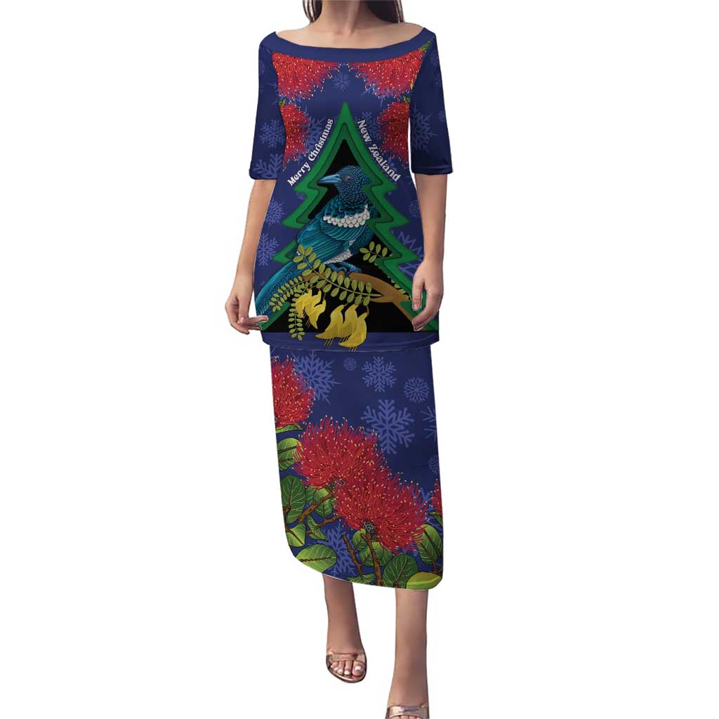 New Zealand Christmas In July Puletasi Kowhai Tui Bird With Pohutukawa - Blue LT14 Long Dress Blue - Polynesian Pride