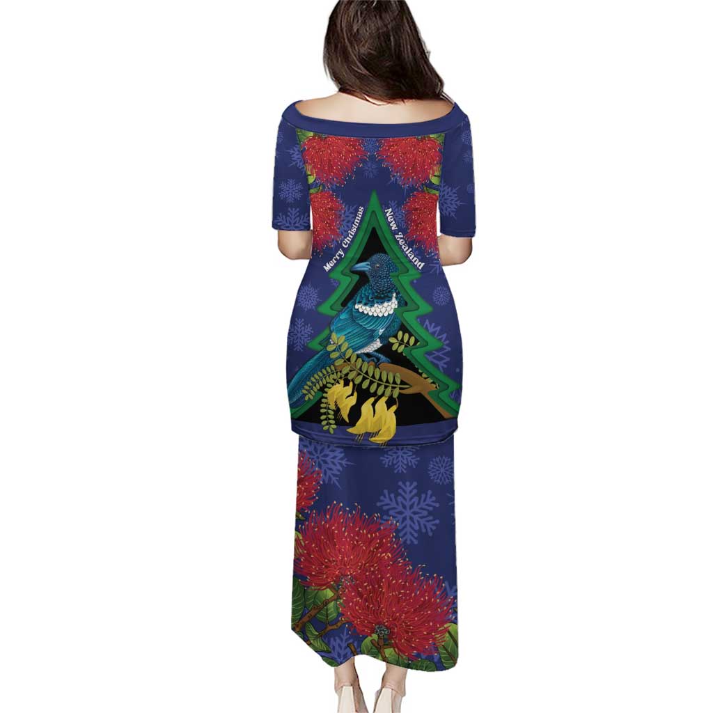 New Zealand Christmas In July Puletasi Kowhai Tui Bird With Pohutukawa - Blue LT14 - Polynesian Pride