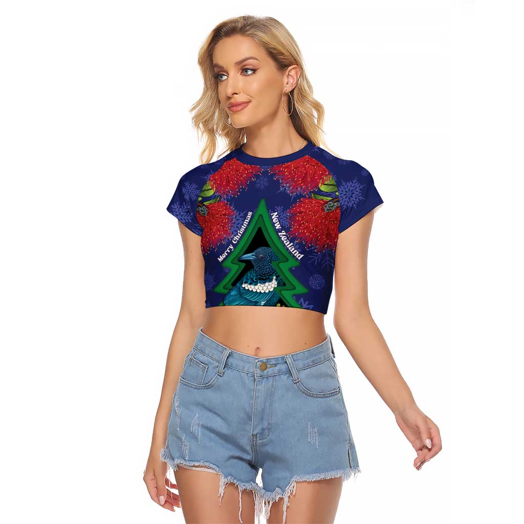 New Zealand Christmas In July Raglan Cropped T Shirt Kowhai Tui Bird With Pohutukawa - Blue LT14 Female Blue - Polynesian Pride