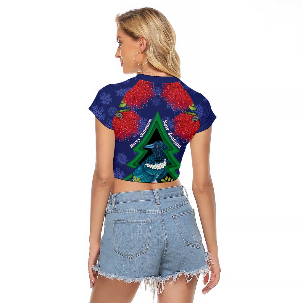 New Zealand Christmas In July Raglan Cropped T Shirt Kowhai Tui Bird With Pohutukawa - Blue LT14 - Polynesian Pride