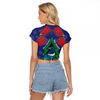 New Zealand Christmas In July Raglan Cropped T Shirt Kowhai Tui Bird With Pohutukawa - Blue LT14 - Polynesian Pride