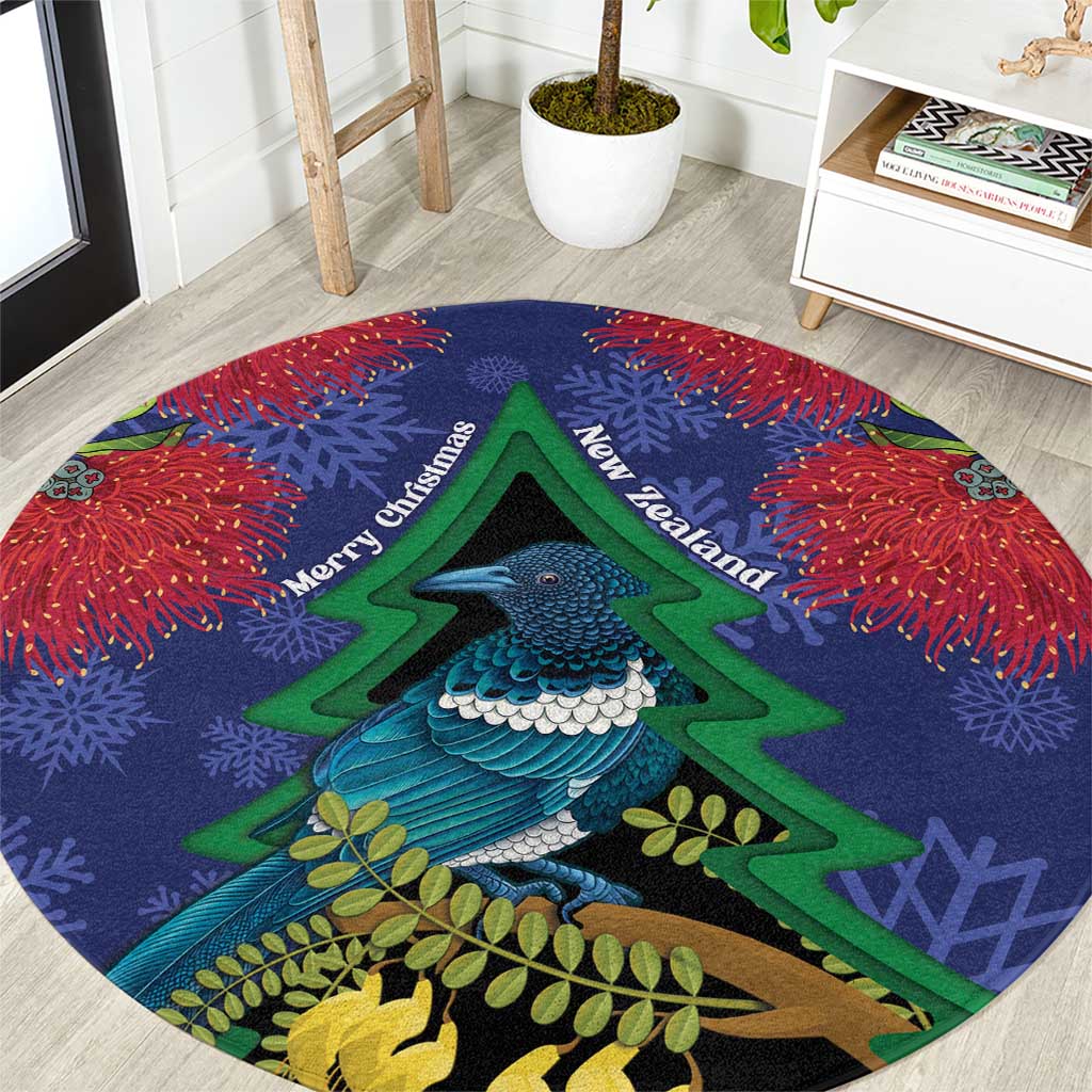 New Zealand Christmas In July Round Carpet Kowhai Tui Bird With Pohutukawa - Blue LT14 Blue - Polynesian Pride