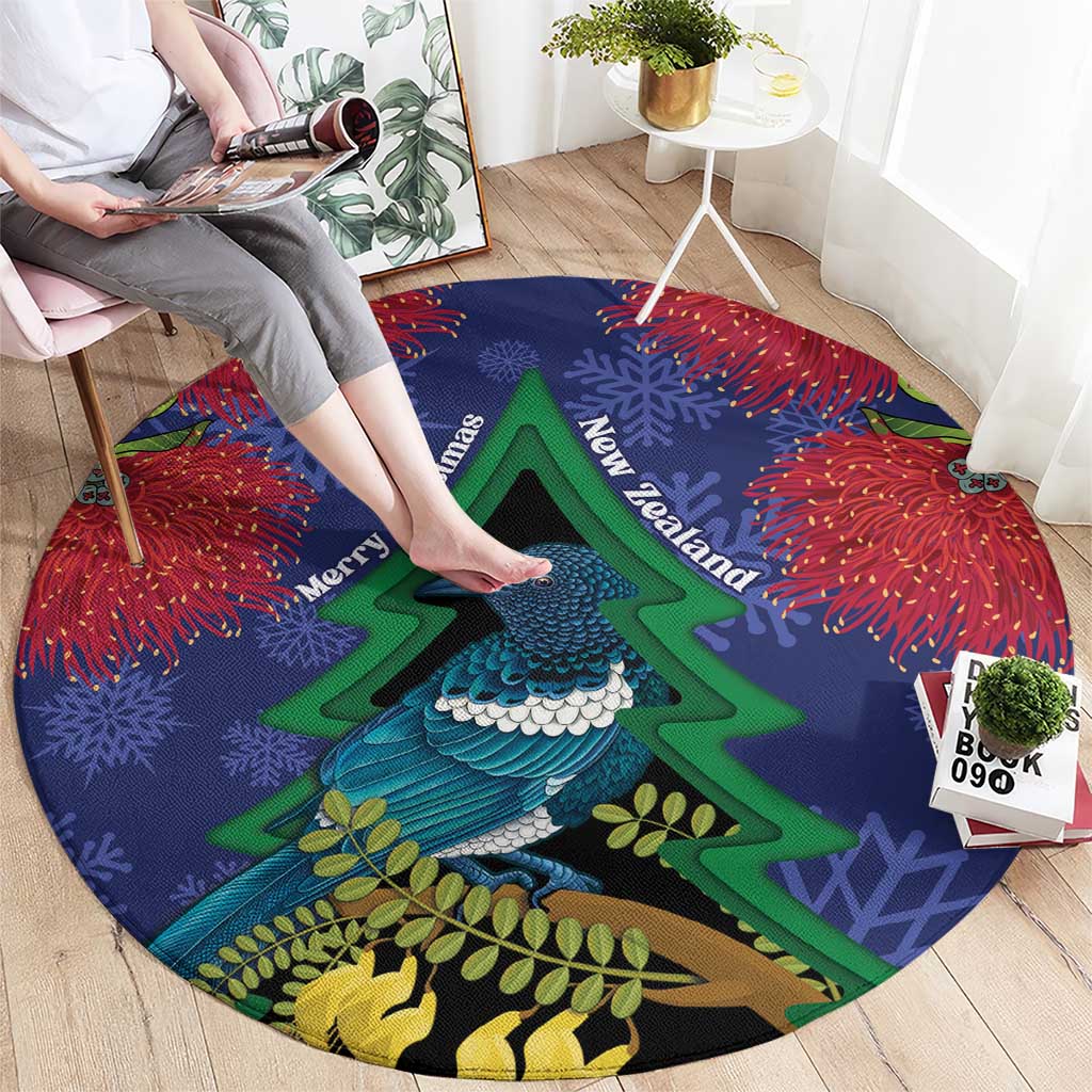 New Zealand Christmas In July Round Carpet Kowhai Tui Bird With Pohutukawa - Blue LT14 - Polynesian Pride
