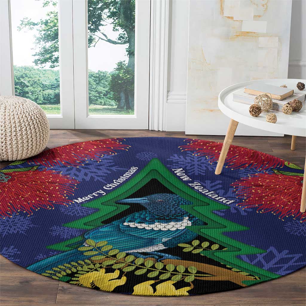 New Zealand Christmas In July Round Carpet Kowhai Tui Bird With Pohutukawa - Blue LT14 - Polynesian Pride