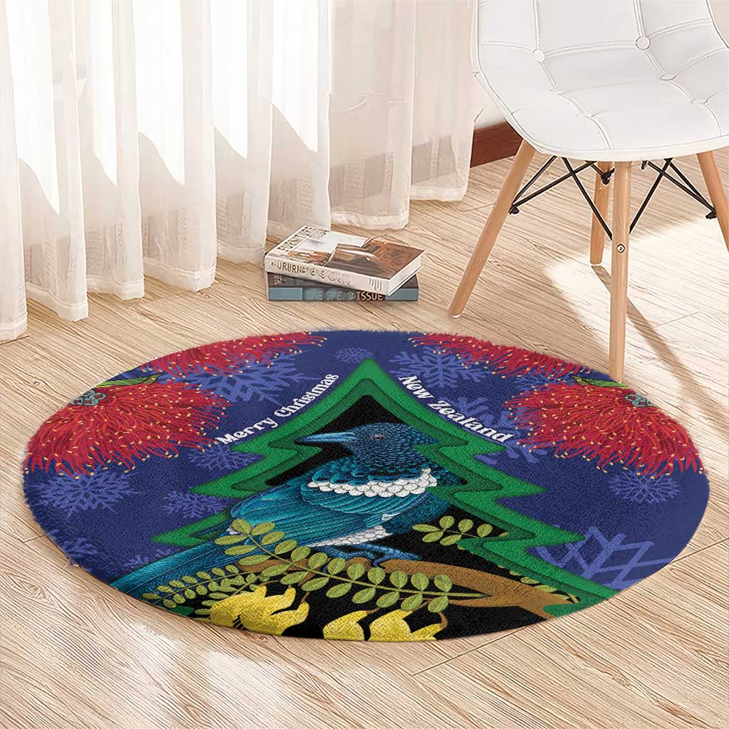 New Zealand Christmas In July Round Carpet Kowhai Tui Bird With Pohutukawa - Blue LT14 - Polynesian Pride