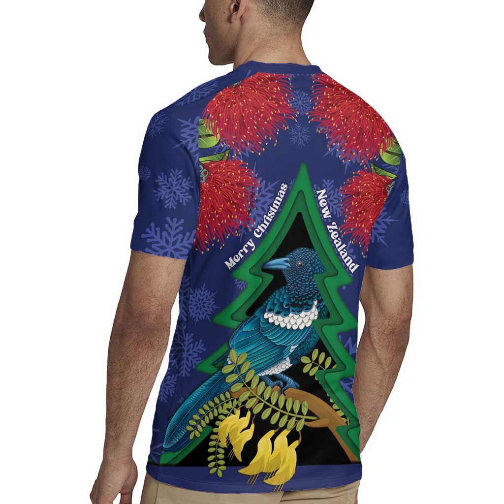 New Zealand Christmas In July Rugby Jersey Kowhai Tui Bird With Pohutukawa - Blue LT14 - Polynesian Pride