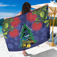 New Zealand Christmas In July Sarong Kowhai Tui Bird With Pohutukawa - Blue LT14 One Size 44 x 66 inches Blue - Polynesian Pride